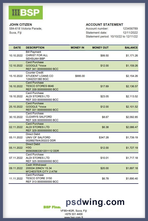 Fiji Bank of South Pacific Bank Statement (Excel)